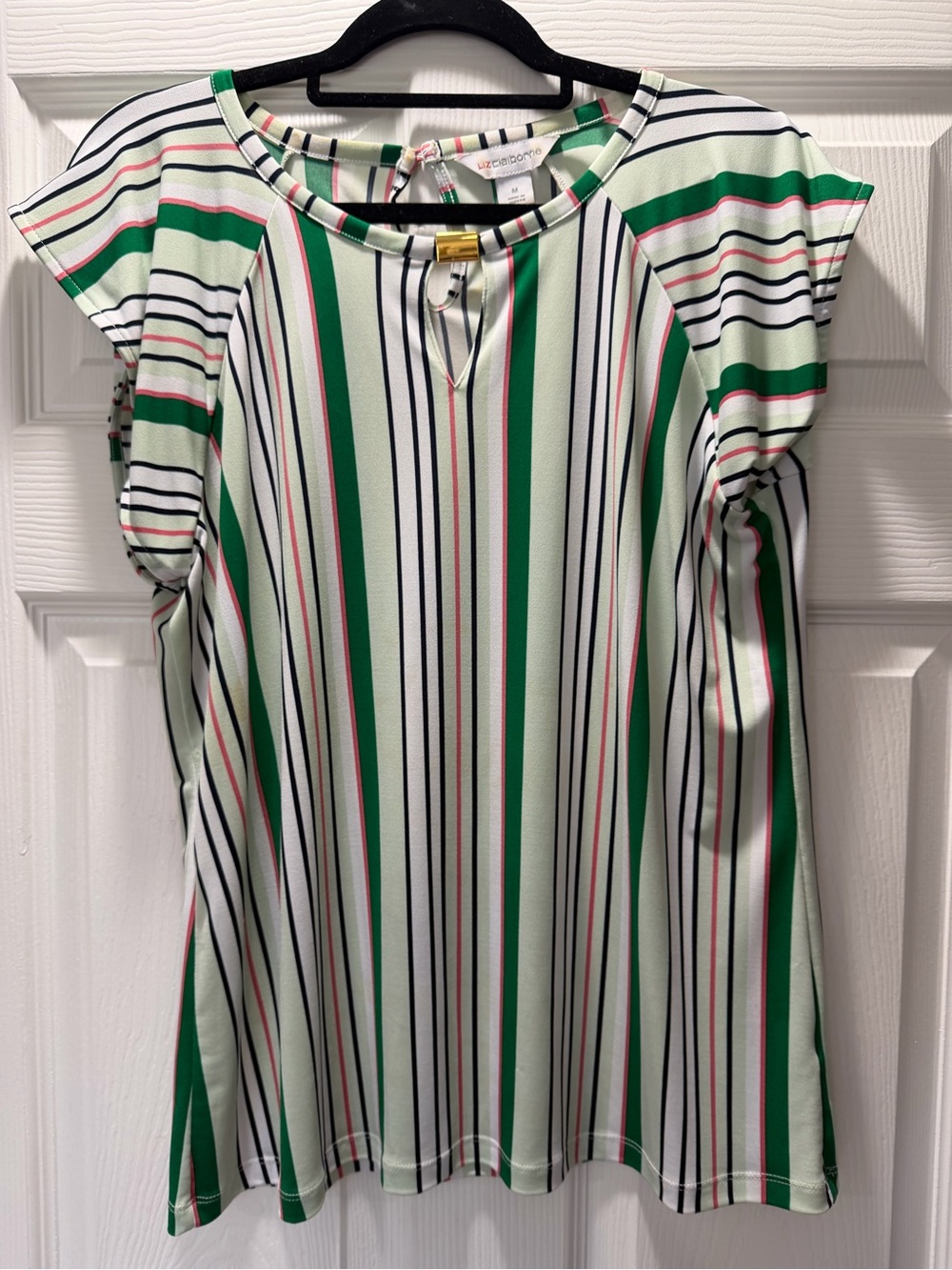 Liz Claiborne Green, White & Black Striped Short-Sleeve Blouse